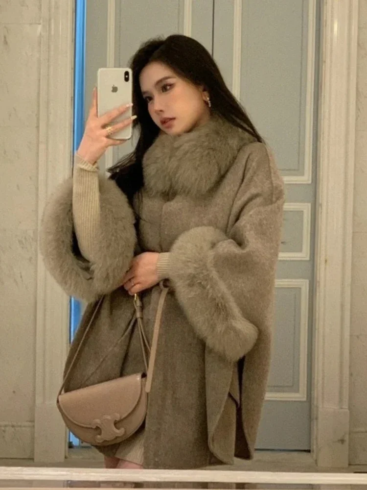 เสื้อโค้ทขนสัตว์แท้สำหรับผู้หญิง แฟชั่นฤดูหนาว ขนฟ็อกซ์แท้ แต่งขอบขนสัตว์ ผ้าขนสัตว์แคชเมียร์ เสื้อคลุมขนสัตว์ 100% ขนสัตว์แท้ ขายดี