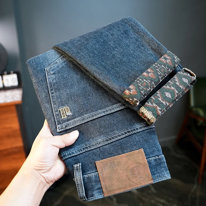 

Spring Ripped Soft High Street Stretch Slim Fit Jeans Casual Male Denim Straight Trousers Men Fashion Elastic Waist Vintage Pant