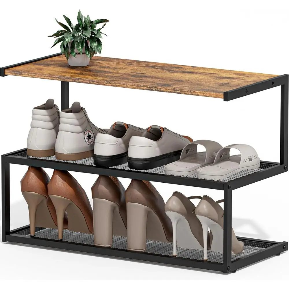 

Shoe Rack, Unique 5-Shaped ree Standing Shoe Shel, 3-Tier Wooden Shoe Organizer with Wooden Top and Steel e or ront Door Entranc