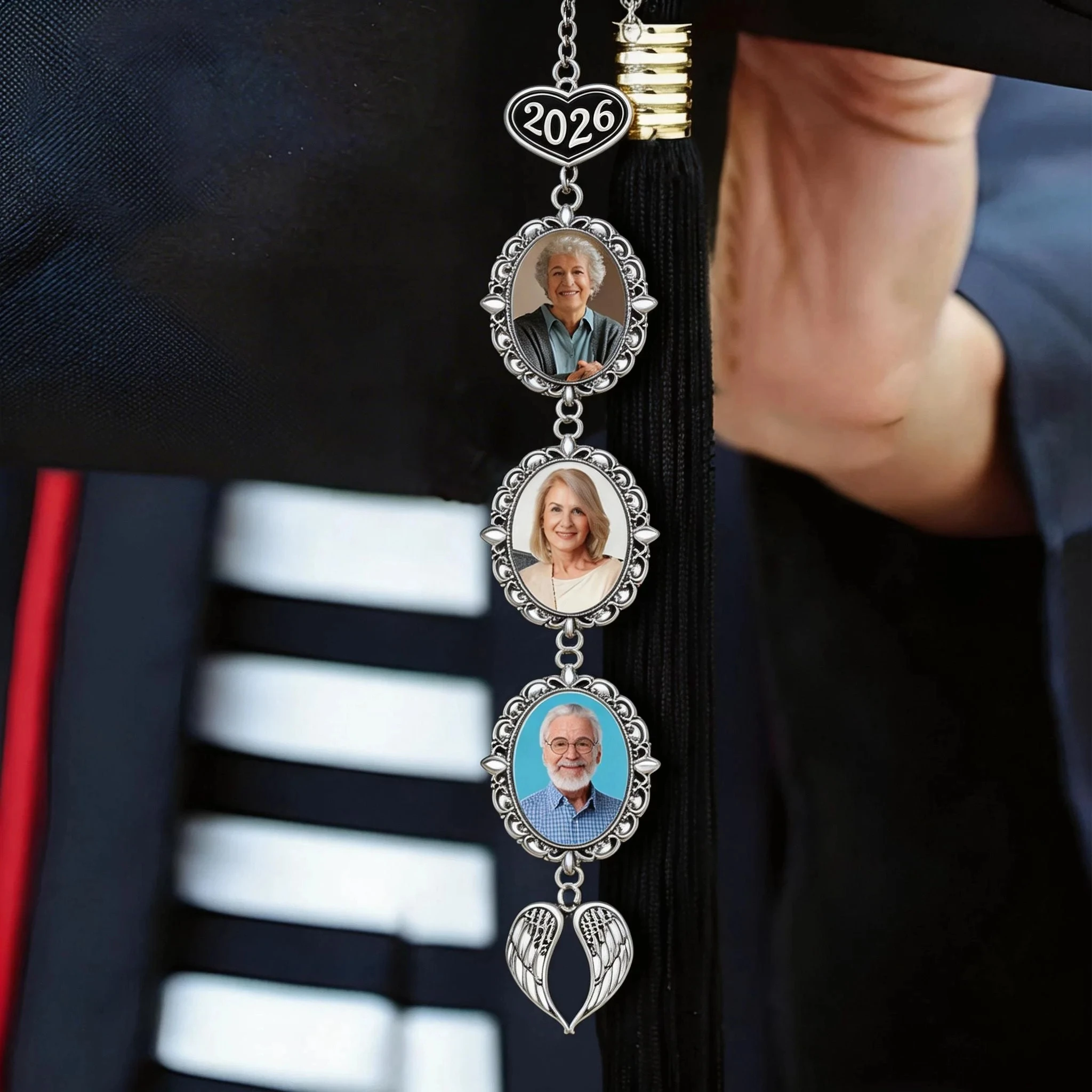 Custom Tassel Photo Charm with Angel Wings, Personalized Graduation Gift for Him Her, 
