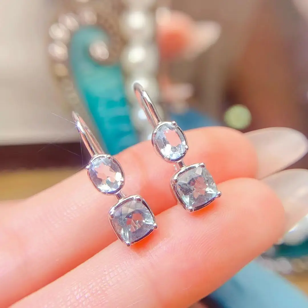 

Natural Aquamarine Hoop Earrings 925 Silver Gemstone Earrings 5mm and 4mm*5mm Real Aquamarine Jewelry with 18K Gold Plating