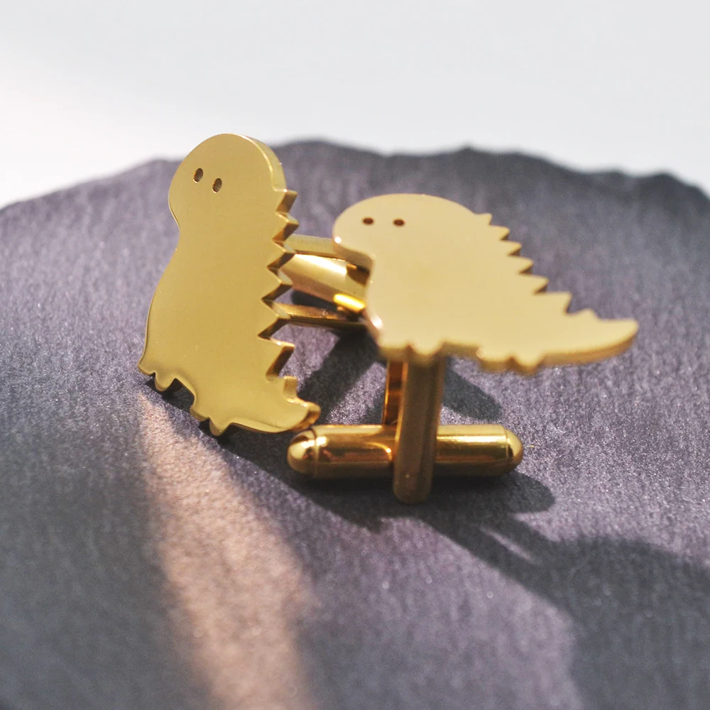 

Neutral, Minimalist, Super Cute Little Dinosaur Metal Cufflinks With Stainless Steel Plating as a Birthday Gift