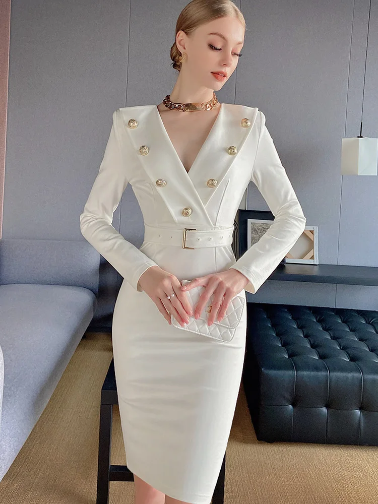 Dabuwawa Spring Autumn Dress Female Vintage Women V-Neck Long Sleeve Double Breasted Belt High Waist  Knit Dress 2023 DF1CDR042