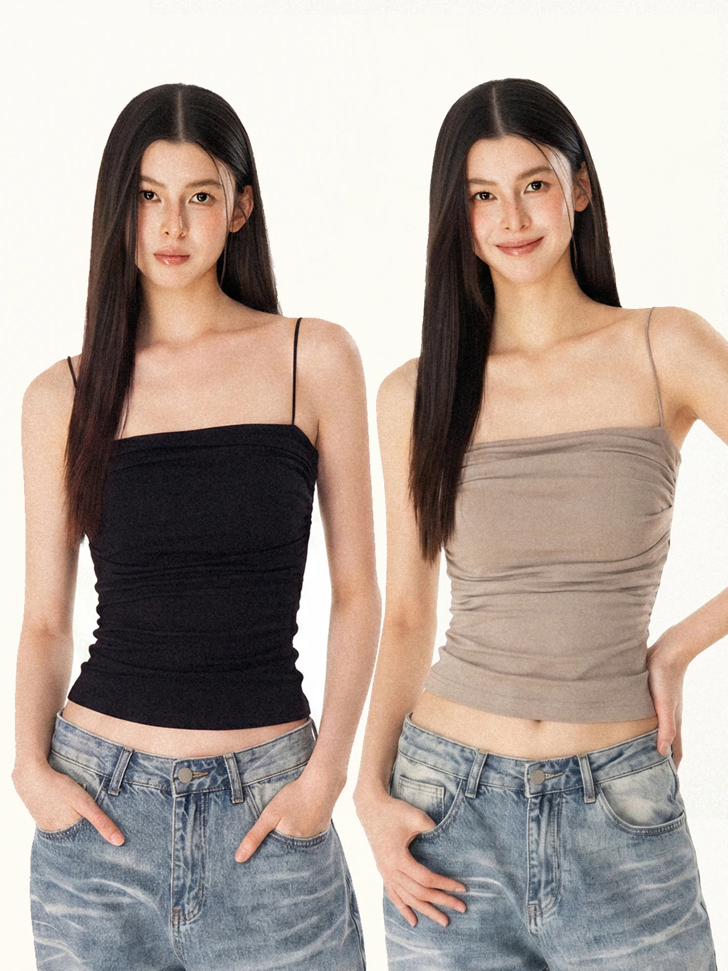 Slim Fit Wrap Chest Tank Top Women's Summer American Style Gathered Waist Slimming Vest with Chest Pad Square Collar Halter Neck