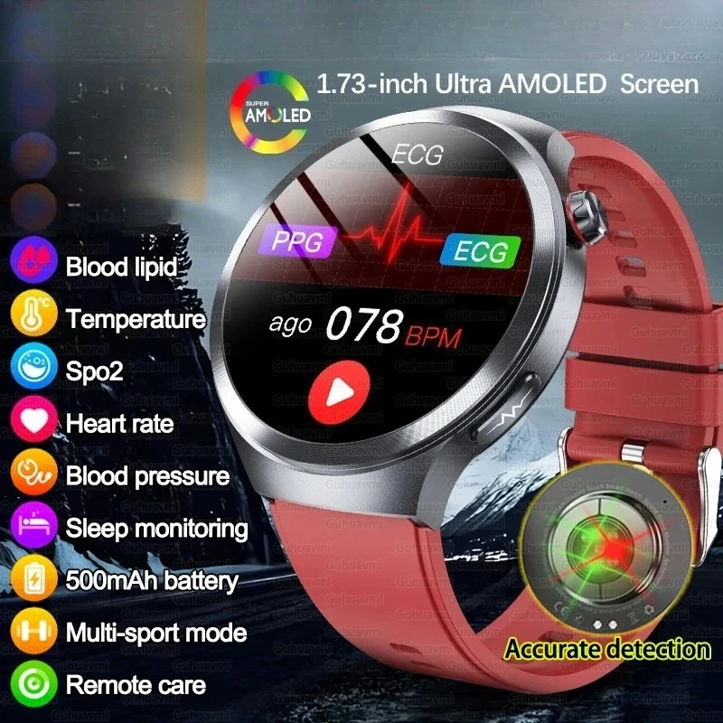 2026  Accurate Blood Lipid Uric Acid Smart Watch Men 1.73-inch AMOLED ECG+PPG Blood Pressure Bluetooth Call Health Smartwatch