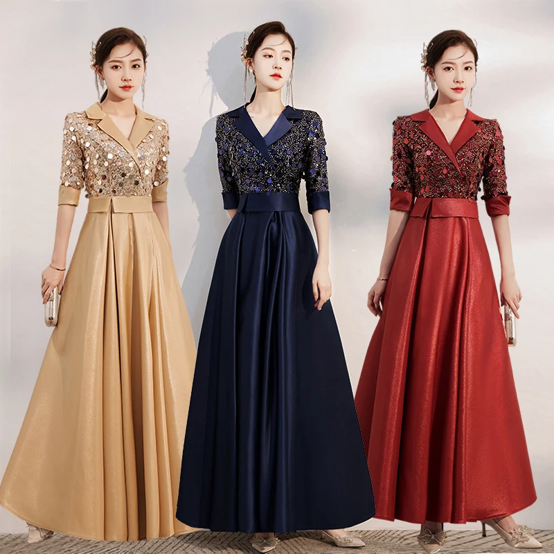 

Elegant Women's Formal Dress Blazer Collar Half Sleeve Sequins Banquet Dresses Female Slim A-Line Party Gowns