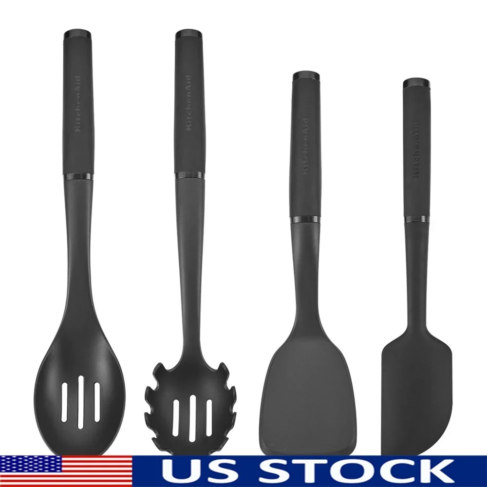 

4-Piece Plastic Kitchen Utensil Set Soft-Grip Handles Heat-Resistant Durable Dishwasher Safe Slotted Spoon Turner Pasta Fork