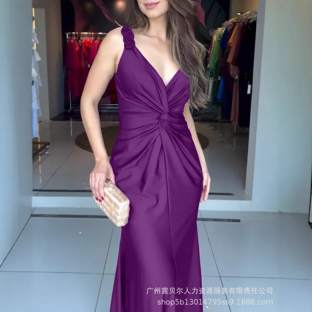 عميق الخامس الرقبة مضفر الأشرطة تويست الجبهة Cinched الخصر مساء فستان عادية زيبر الظهر حورية البحر هيم الساتان فستان ماكسي #5