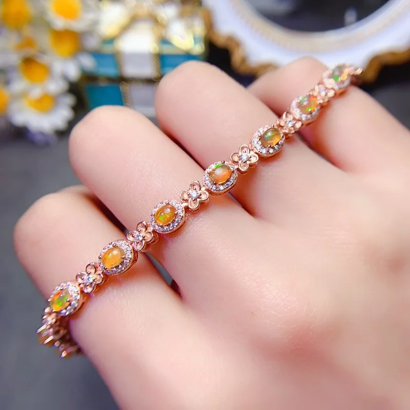Simple Natural Orange Opal Gemstone Bracelet for Women Jewelry Natural Gem Real 925 Silver Good Gift