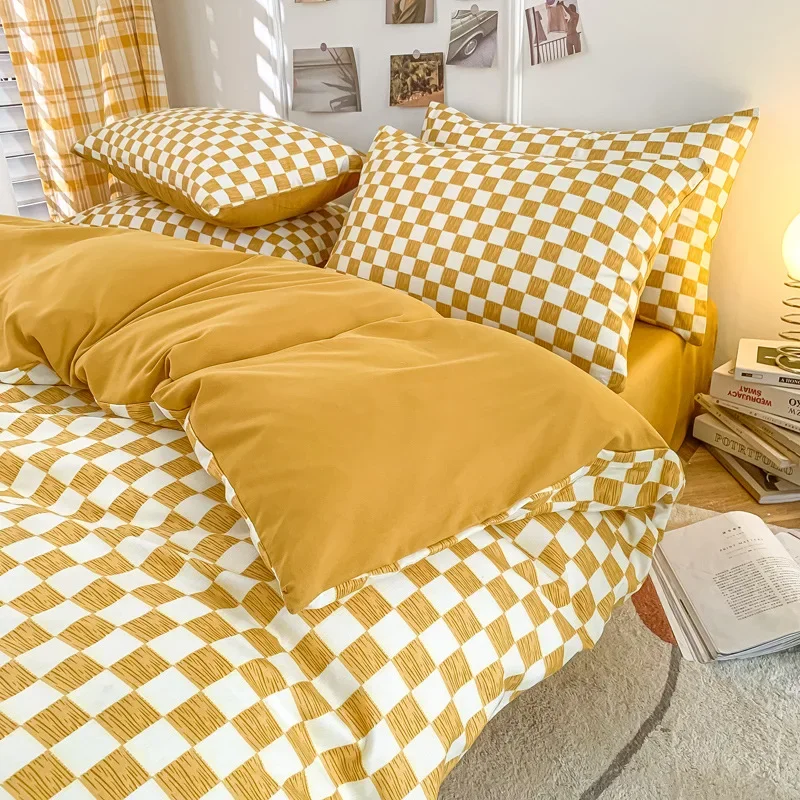 Nordic Style Checkerboard Pattern Bedding Sets Washed Skin-Friendly Cotton Duvet Cover Kit All-Season Home Textiles for Adults