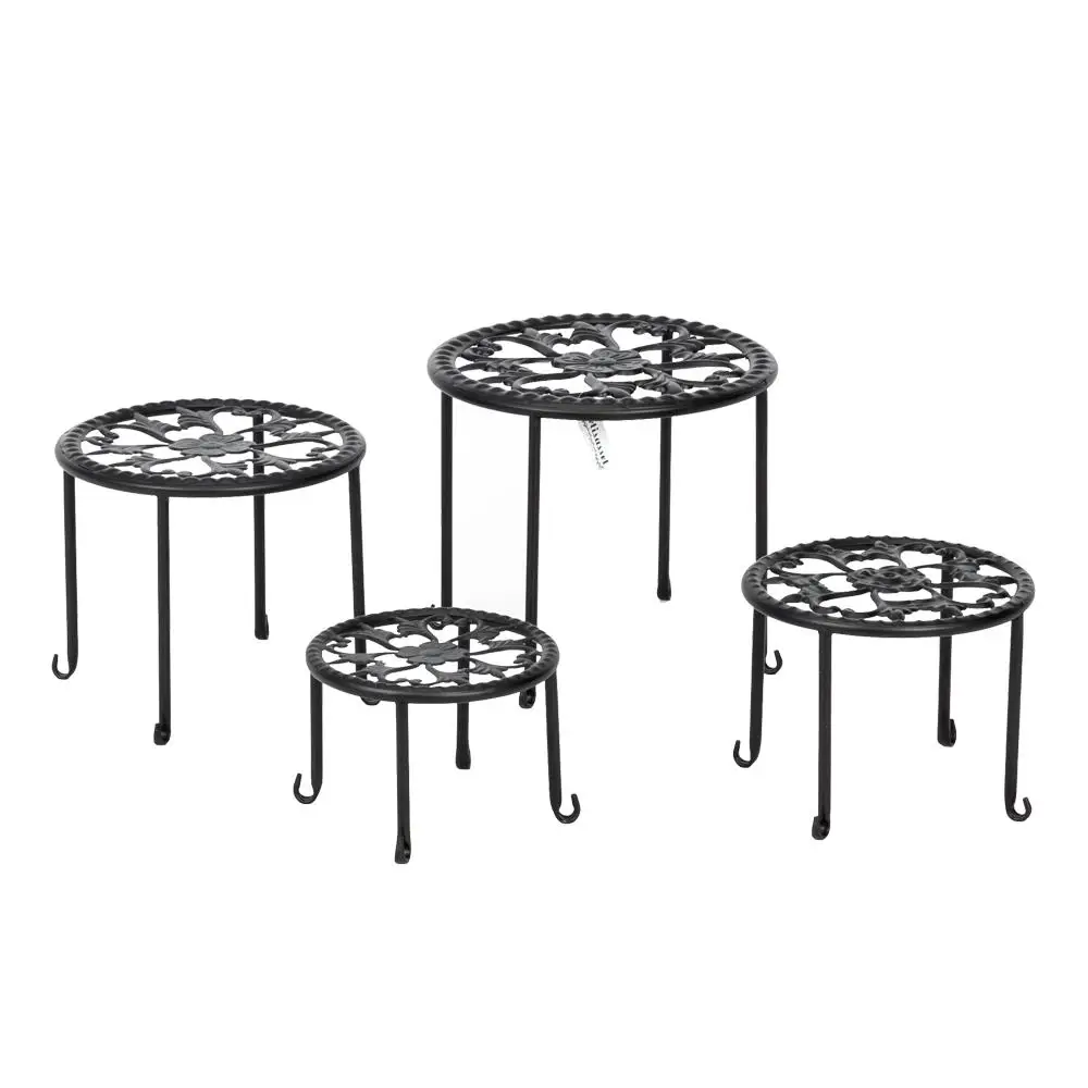 4-Piece Black Iron Plant Stands - Round Flower Racks for Indoor/Outdoor Use