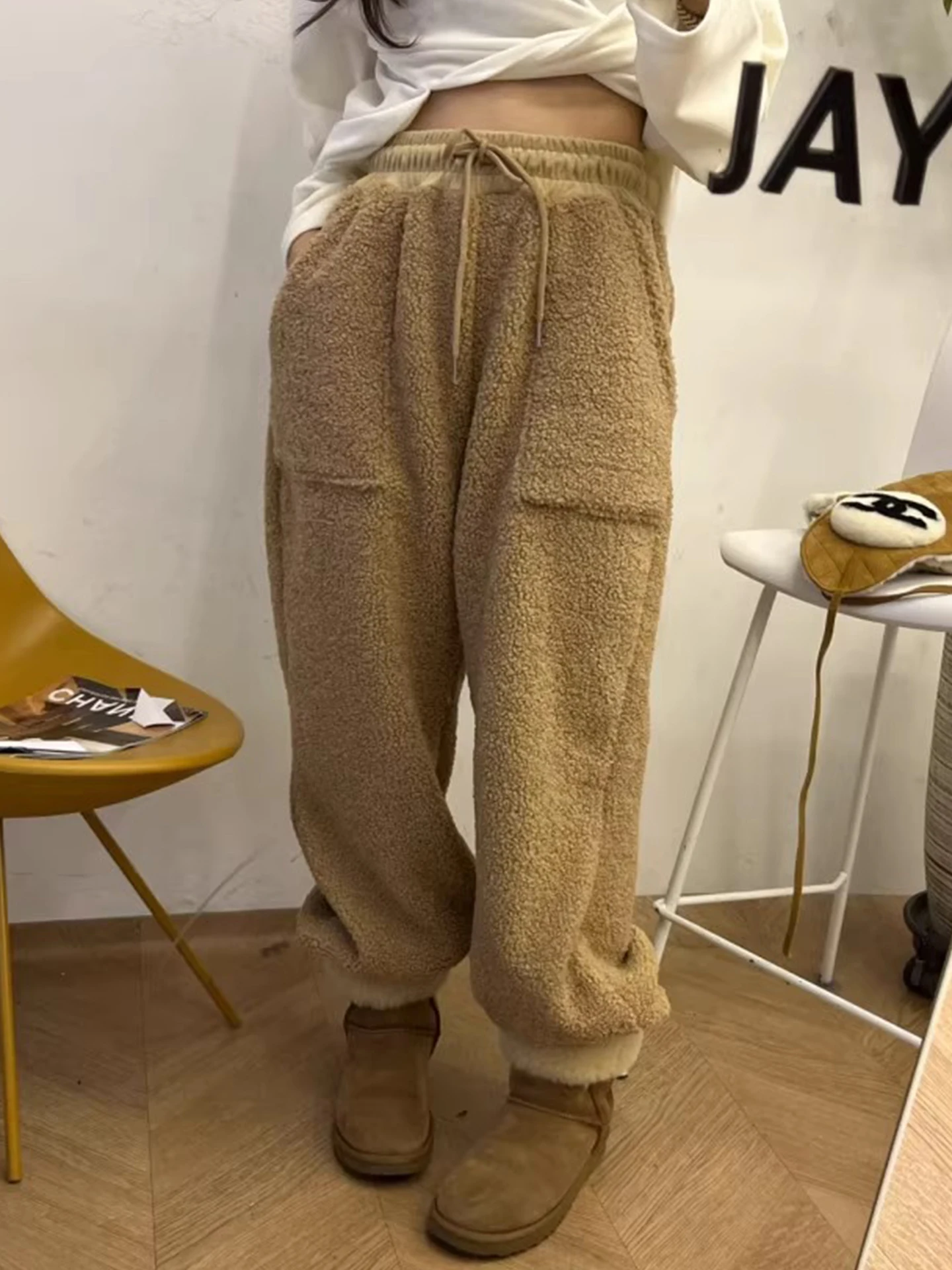 السيدات عالية الخصر Dstring Fce اصطف فرو الضأن مكبل السراويل شتاء دافئ بناطيل كاجوال تخفيف Sle الكورية Faion #2