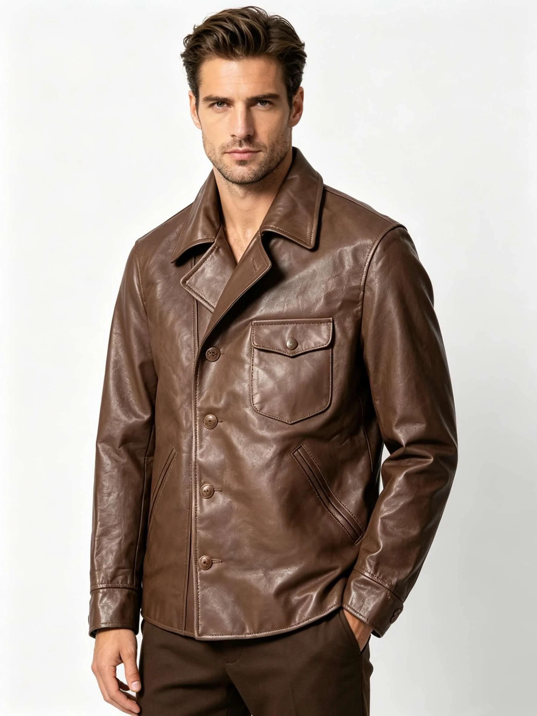 Brown Autumn Leather Jacket Men Retro Style Plus Size 5XL Genuine Natural Cowhide Turn-Down Collar Single Breasted Casual Coat