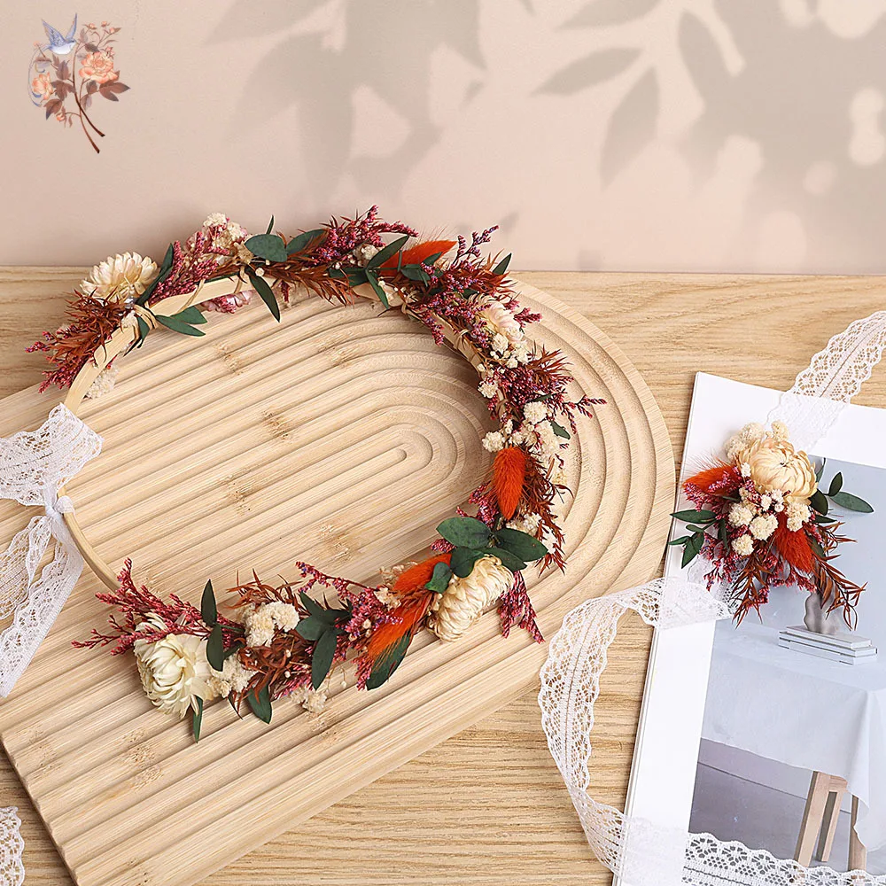 Boho Dried Flower Wreath with Wrist Corsage Set Handmade Fall Woodland Wedding Adjustable Natural Floral Hoop Lace Ribbon Decor