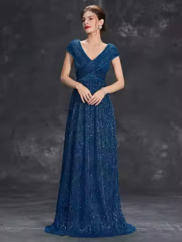 Mgiacy V-neck bag Rotator sleeve punch vertical strip mesh A full skirt Evening gown ball dress Party dress Bridesmaid dress