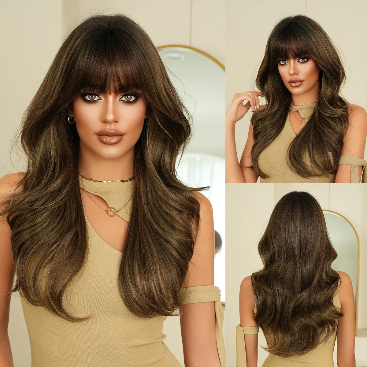 

NAMM New Fashion Long Wavy Brown Wig Natural Looking High Quality Fiber Synthetic Fluffy Curly Wigs