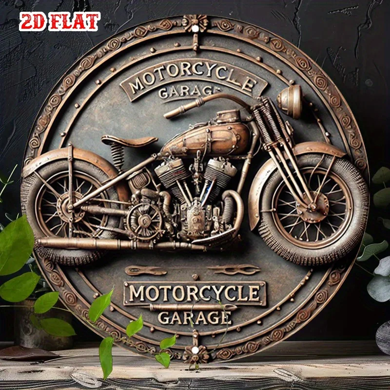 2D شقة، 1PC خمر الصناعية دراجة نارية المرآب جولة الألومنيوم علامة - 7.87x7.87 بوصة ريفي جدار معدني الفن للمنزل، المرآب، C