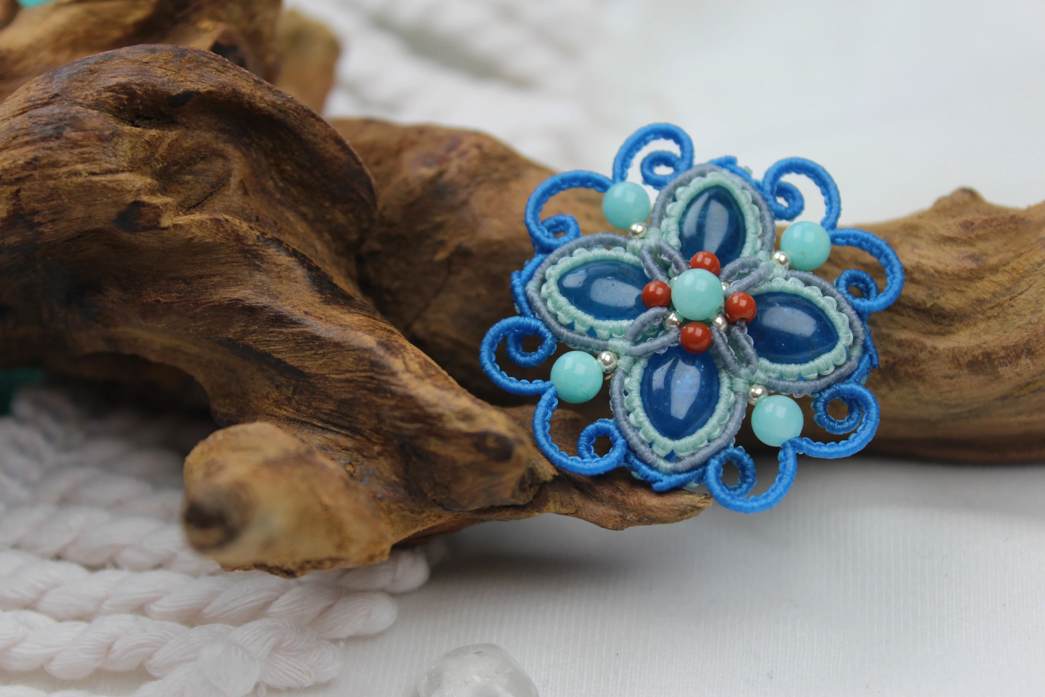 

Macrame Handmade Wax Polyster Cord Woven Blue Apatite Natural Stone Brooch Combined Exclusive Custom Design Gift for Women