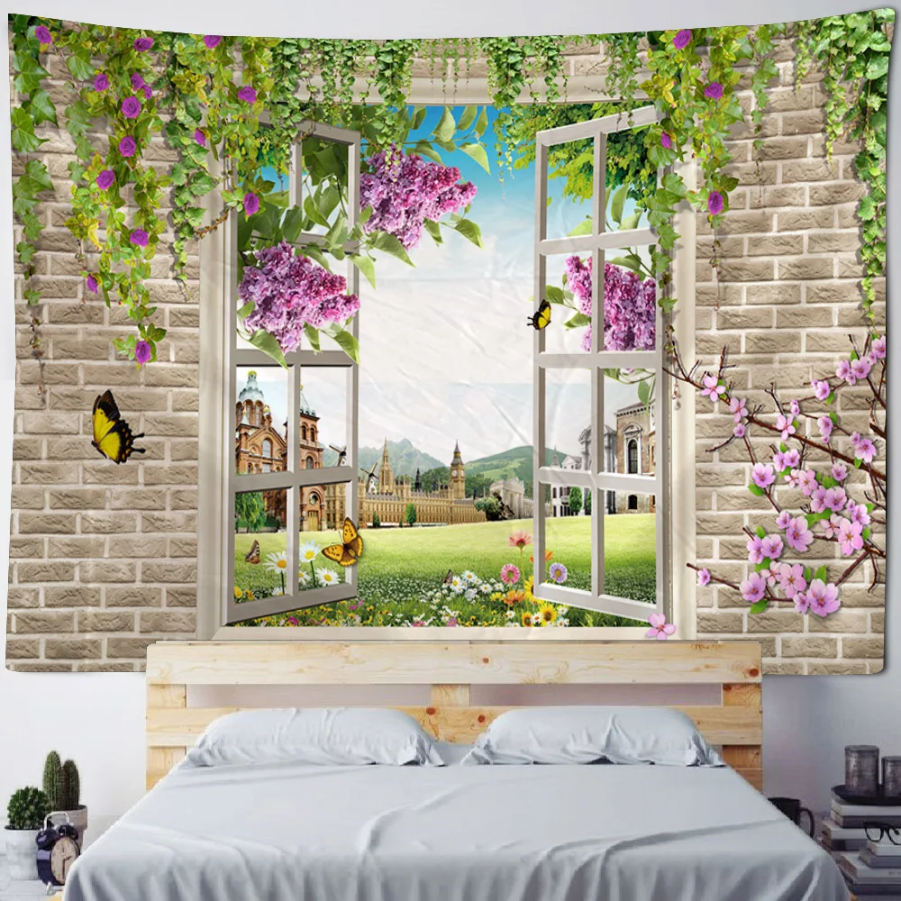 Window landscape printed tapestry hanging on the wall room art decoration hippie bohemian wall decoration home yoga bed sheets