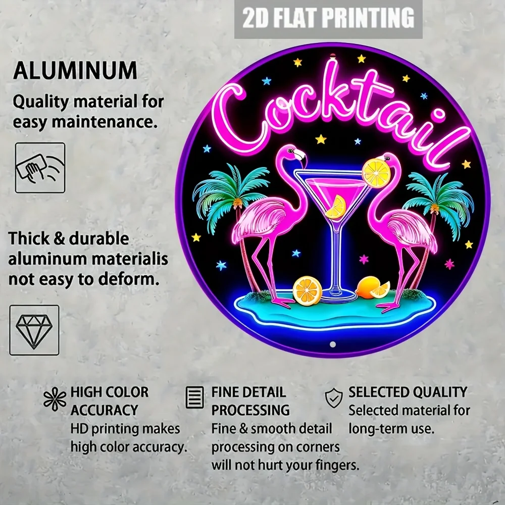 2D Flat, 7.8-Inch Round Neon Cocktail Sign with Flamingo and Palm Tree - Vibrant Pink and Blue Wall Art for Home, Bar, Kitchen,