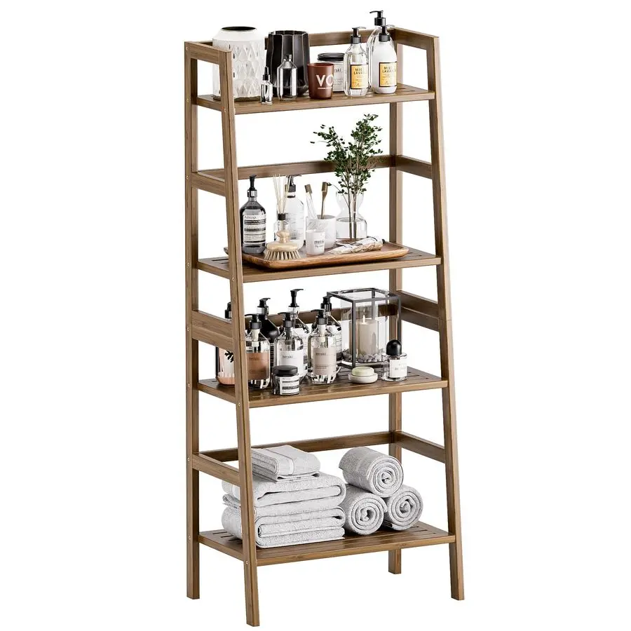 

Ladder Shelf, 4Tier Bamboo Bookshelf, Freestanding Open Display Storage Rack, Space Saving Flower Plant Display Stand for Bathr