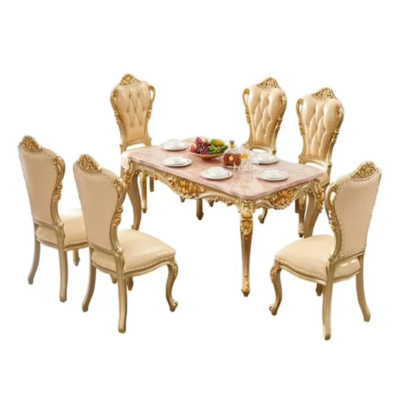 Royal European Dining Table Rectangular Dining Table Oak Carving Marble Tabletop High-grade Square Dining Table Chair Set