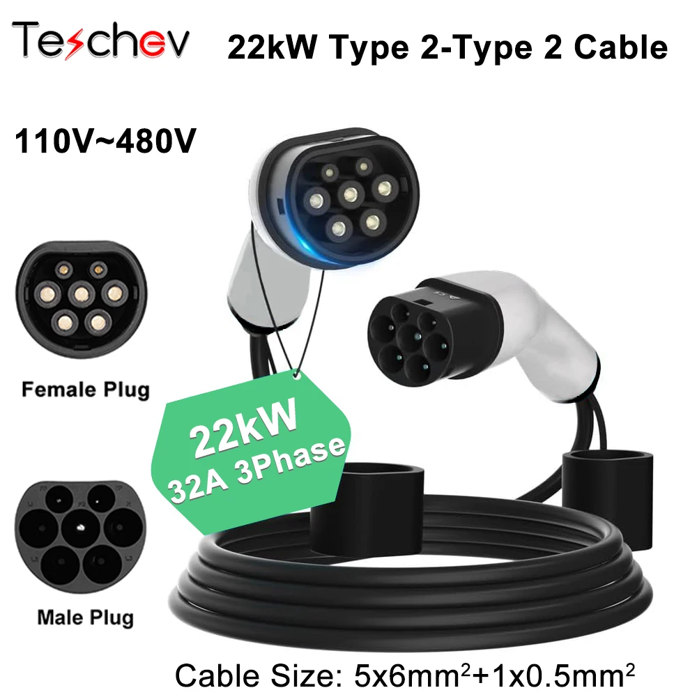 Câble de chargement Teschev Type2 à Type2 Ev, 3 phases 32A, prise femelle à mâle 22kw IEC62196-2, Stations de charge EVES