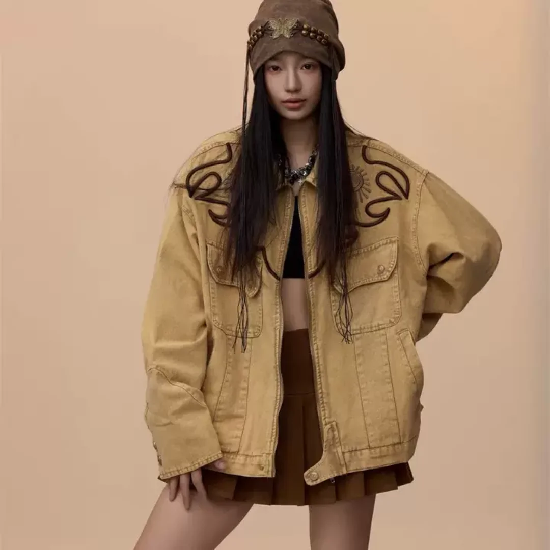 

Осень/зима, новая ковбойская куртка в американском стиле ретро в стиле вестерн, женская куртка на молнии с вышивкой, свободный индивидуальный топ