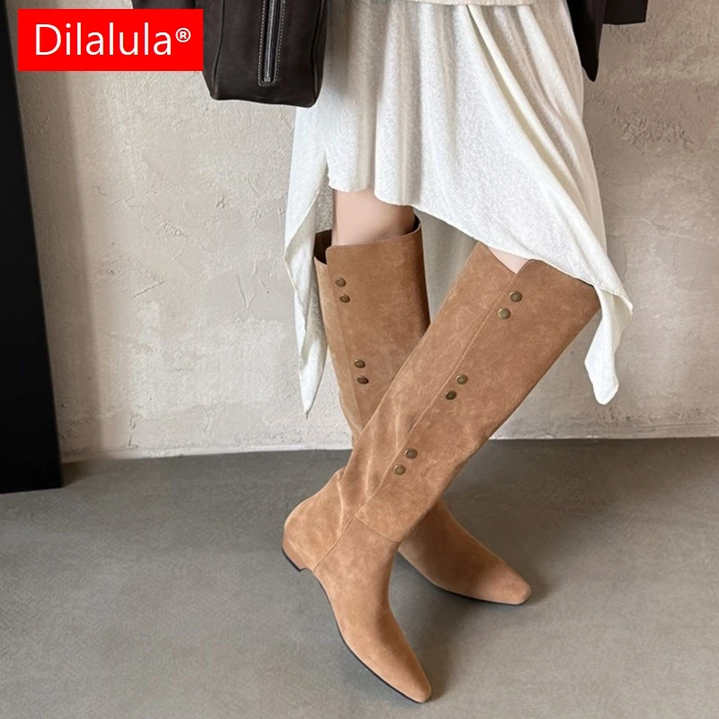 Dilalula 2025 Genuine Cow Suede Women Knee High Boots Low Heels Snap Button Casual Long Boots Ladies Party Dating Shoes