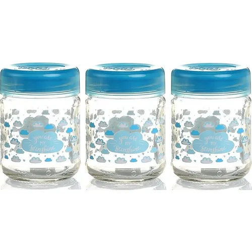 Renga Patterned Glass Baby Feeding Jar 200 ml x 3 Pcs Blue