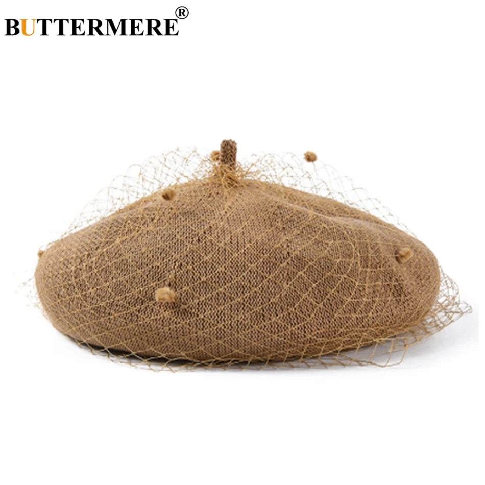 BUTTERMERE Beret Women Mesh Camel Painter Cap Female Vintage Hats With Veil Elegant Summer Ladies Soft French Artist Hat Beret