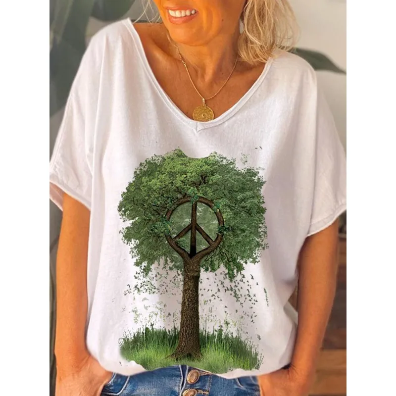 ilstile Women's Hippie Vintage Tree Print T-Shirts Summer Casual Loose Short Sleeve V Neck Tops White Green Tees