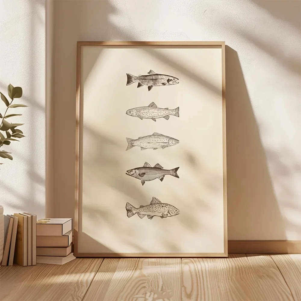 2026  Frameless Neutral Retro Fish Poster,Daily Catch Art Printing,Beige Simple Sea Fish Wall Decor,Fisherman Aesthetic Wall