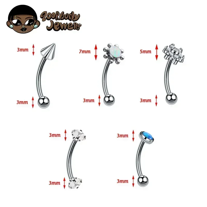 F136 titânio clássico sobrancelha piercing incrustado opala zircão 16g rosca interna banana curvado lábio umbigo piercing jóias