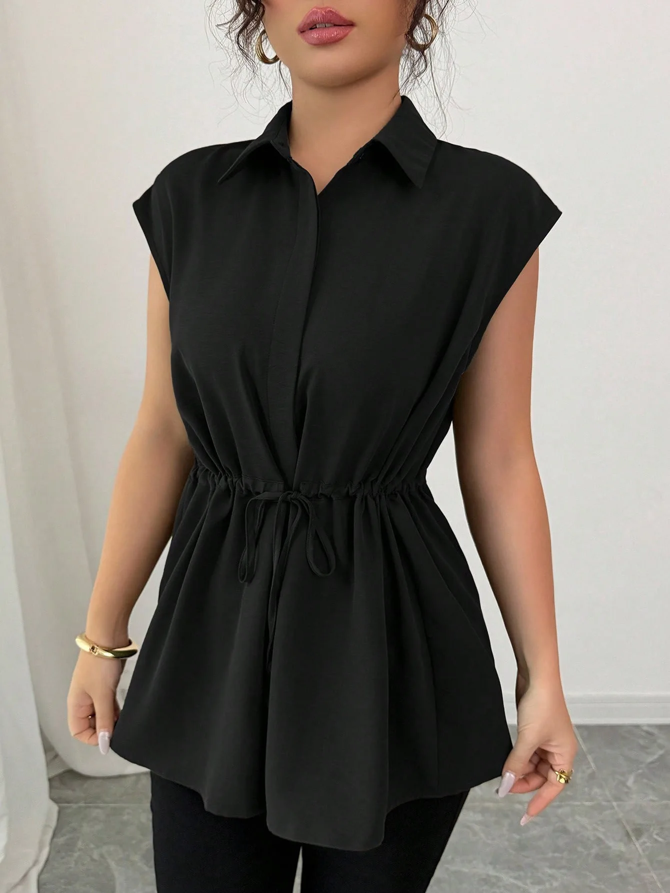 Women's Lapel Drawstring Waist Sleeveless Shirt Style Loose Flattering Slimming Versatile Elegant Comfortable Daily Wear T-shirt