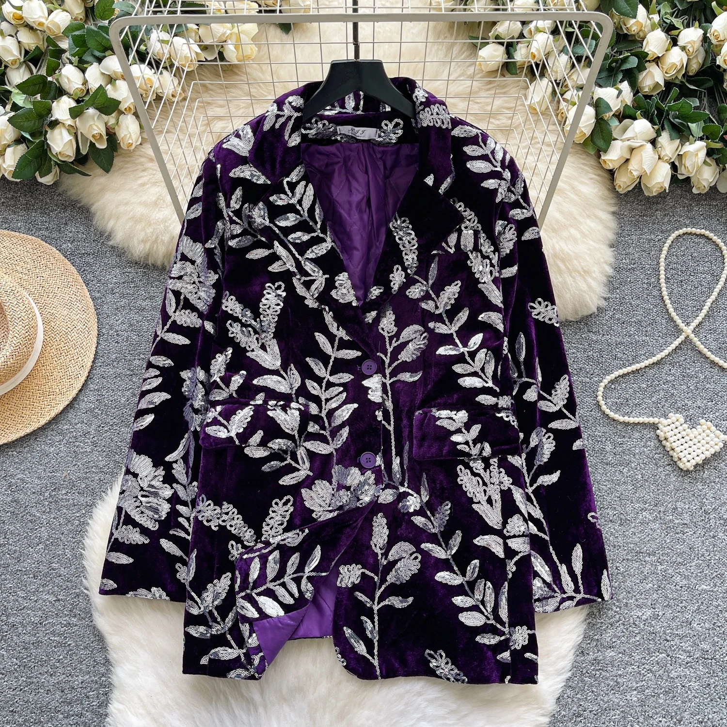 سترة نسائية كلاسيكية من Clothland مطرزة بالترتر وأكمام طويلة لامعة سترة نسائية مخملية CB221 #2