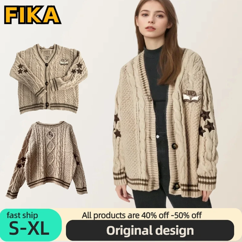 Autumn Khaki Knitted ttpd Cardigan Women Oversized Star Embroidery Long Sleeve Cardigans Single Breasted Beige Women Cardigan