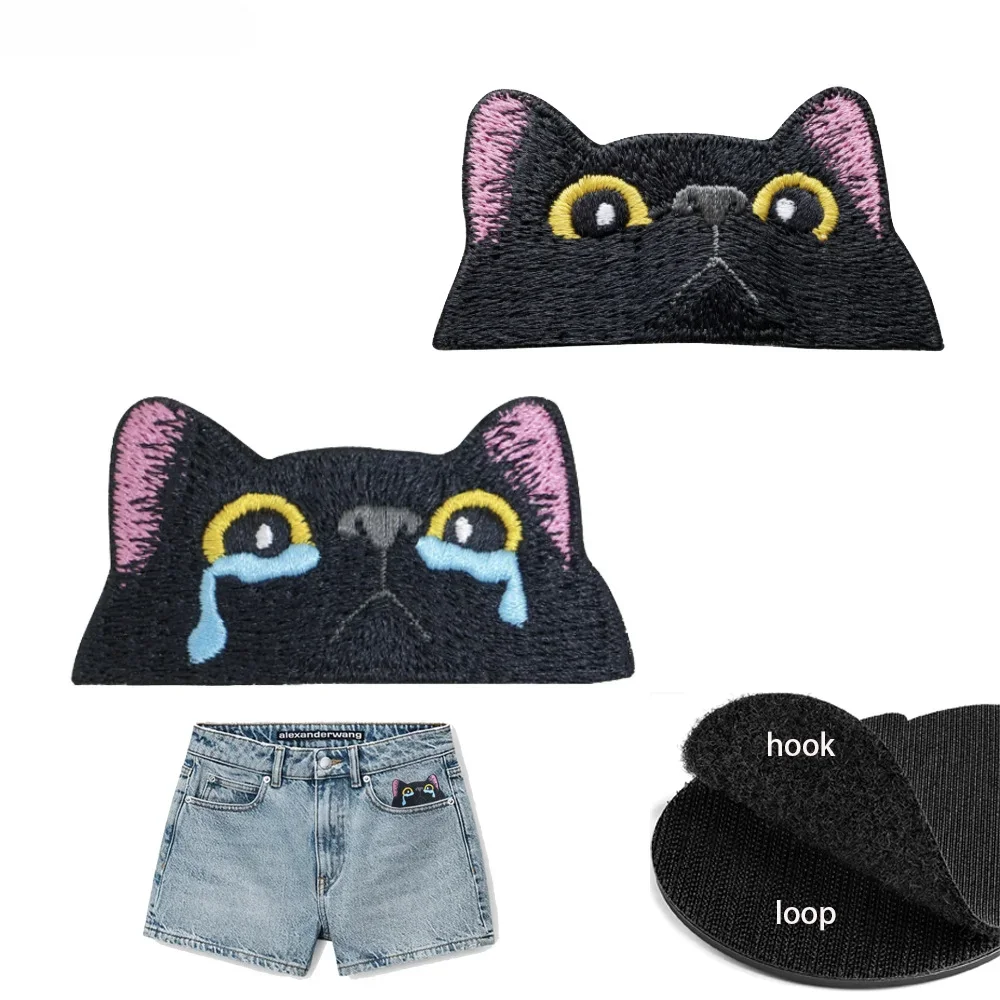 Black Cat Cloth with Embroidered Pink Ear Stickers for Cats Hook and Loop Clothing Backpack Sticker Ornament