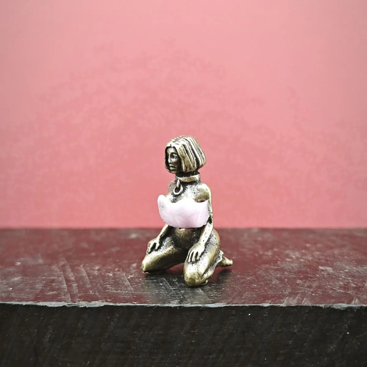 Brass Miniature Kneeling Female Figurine Decorative Home Ornament, Collectible Mini Desk Statue