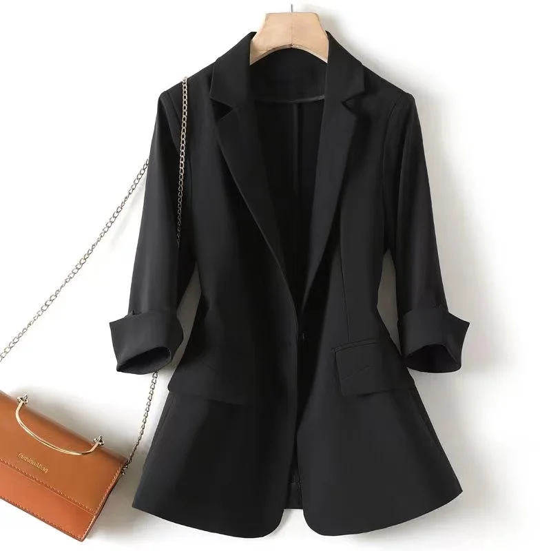 2024 Women Blazer Summer New Slim Thin Three Quarter Sleeves Chiffon Short Single Button Female Suit Jacket Outerwear Top