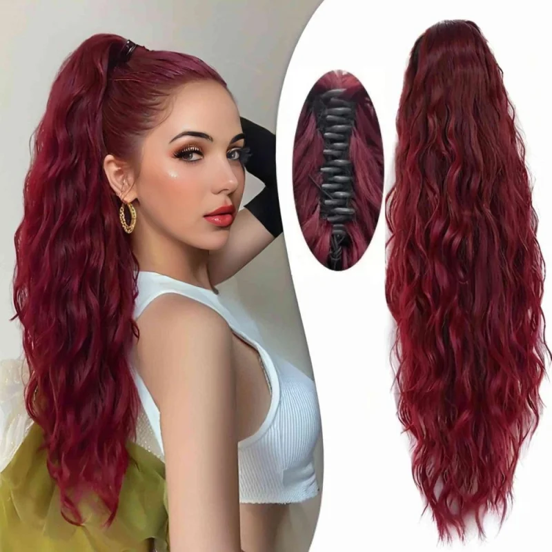 

Women's wig with water wave long curly hair, corn perm, claw clip ponytail, free labeling