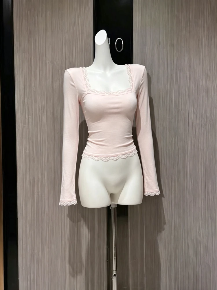 Y2K Coquette Pink Square Neck Lace Trim And Lace Cuff Long Sleeve Crop T Shirt Women Slim Fit Sexy Casual Daily Wear 2026 New