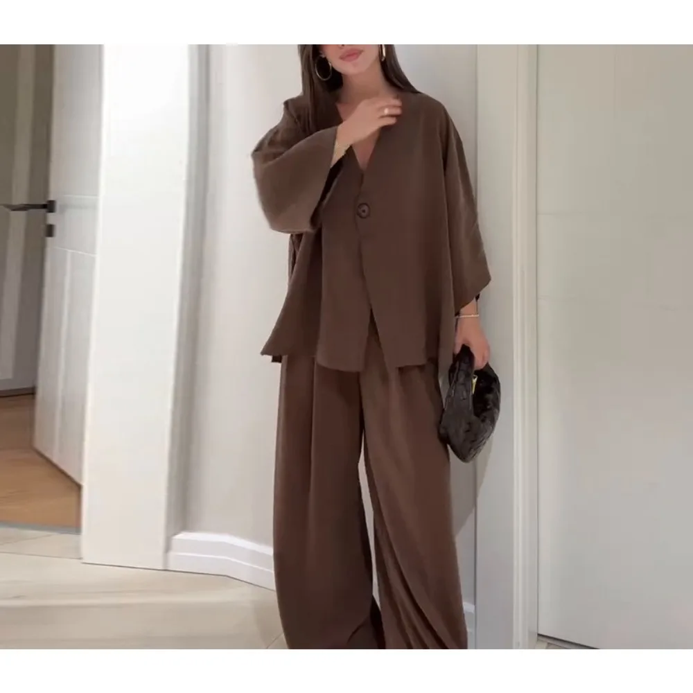 TWOTWINSTYLE solide ample deux pièces ensemble pour les femmes col en V à manches longues haut taille haute Pnt ensembles femme mode Style