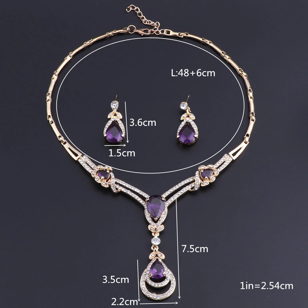 Women Cubic Zirconia Gold Color Austrian Crystal Water Drop Necklace Earring Jewelry Set Fit with Wedding Dress