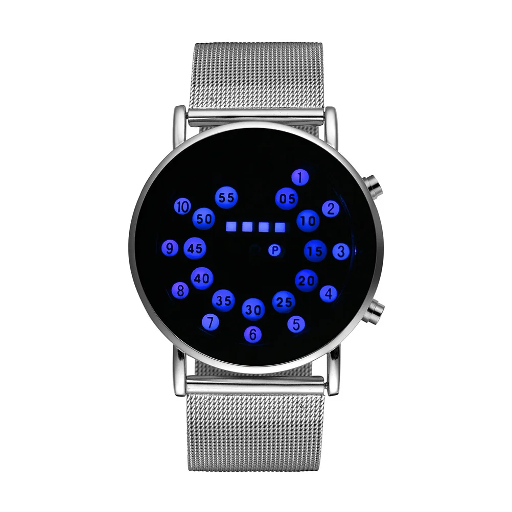 

Waterproof Creative LED Wrist Watch Stainless Steel Round Case Ball-Bearing Blue Light Digital Electronic Watch
