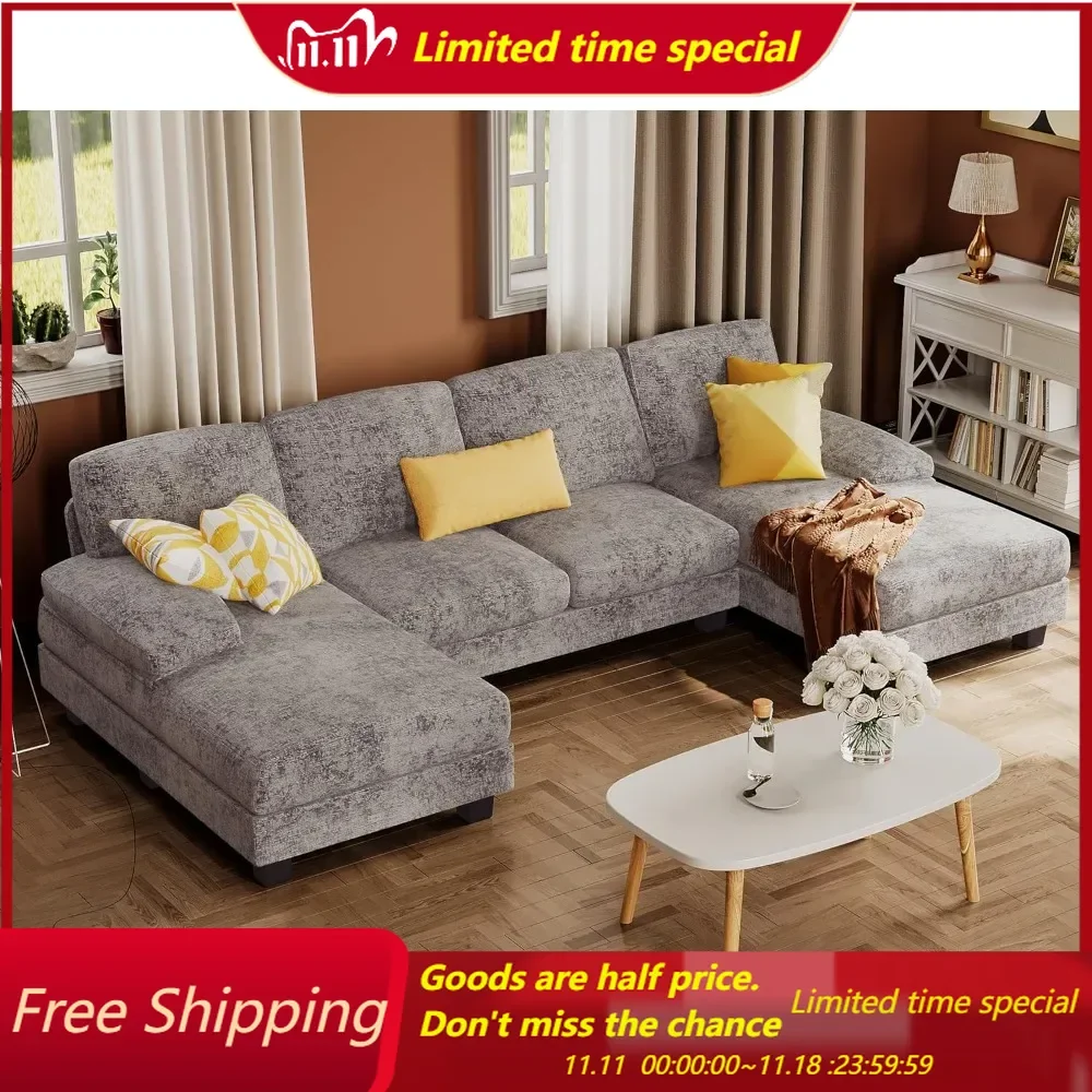 Sectional Couches for Living Room, U-Shaped Sofa Couch with Linen Fabric, 4 Seat Sofa Set with Double Chaise for Apartmen