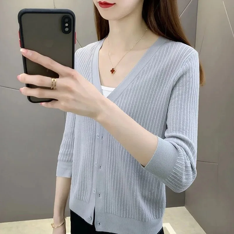 Women Clothing Fashion Solid Single Breasted Long Sleeve Cardigan Summer Casual Loose Thin V-neck Sunscreen Shirt Top 40-90Kg