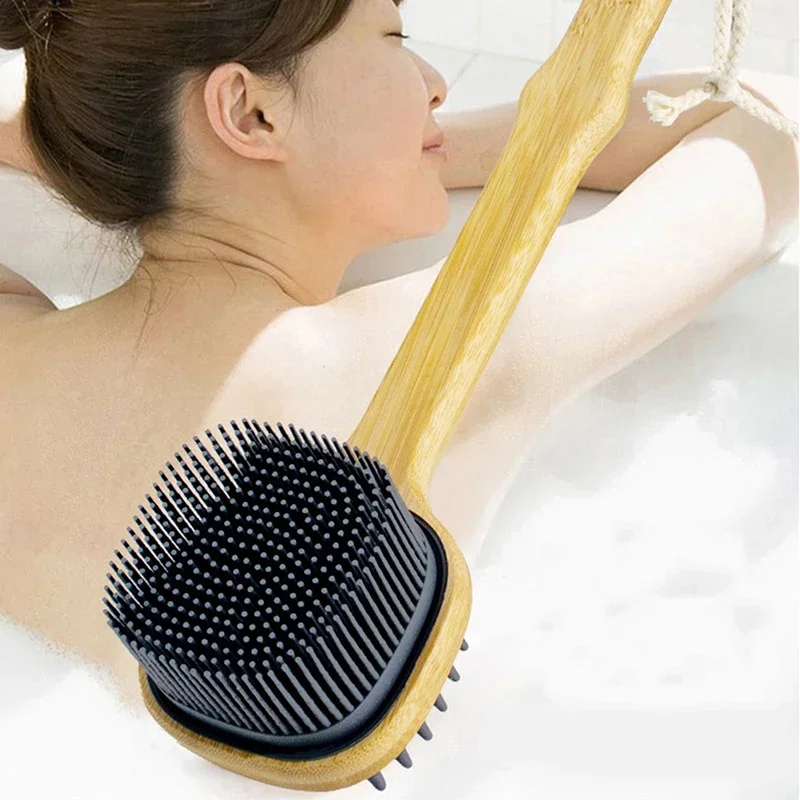 1Pc Silicone Brush Long Head Back Scrubber Shower Brush with Long Wooden Handle Dry Skin Exfoliating Body Massage Cleaning Tool