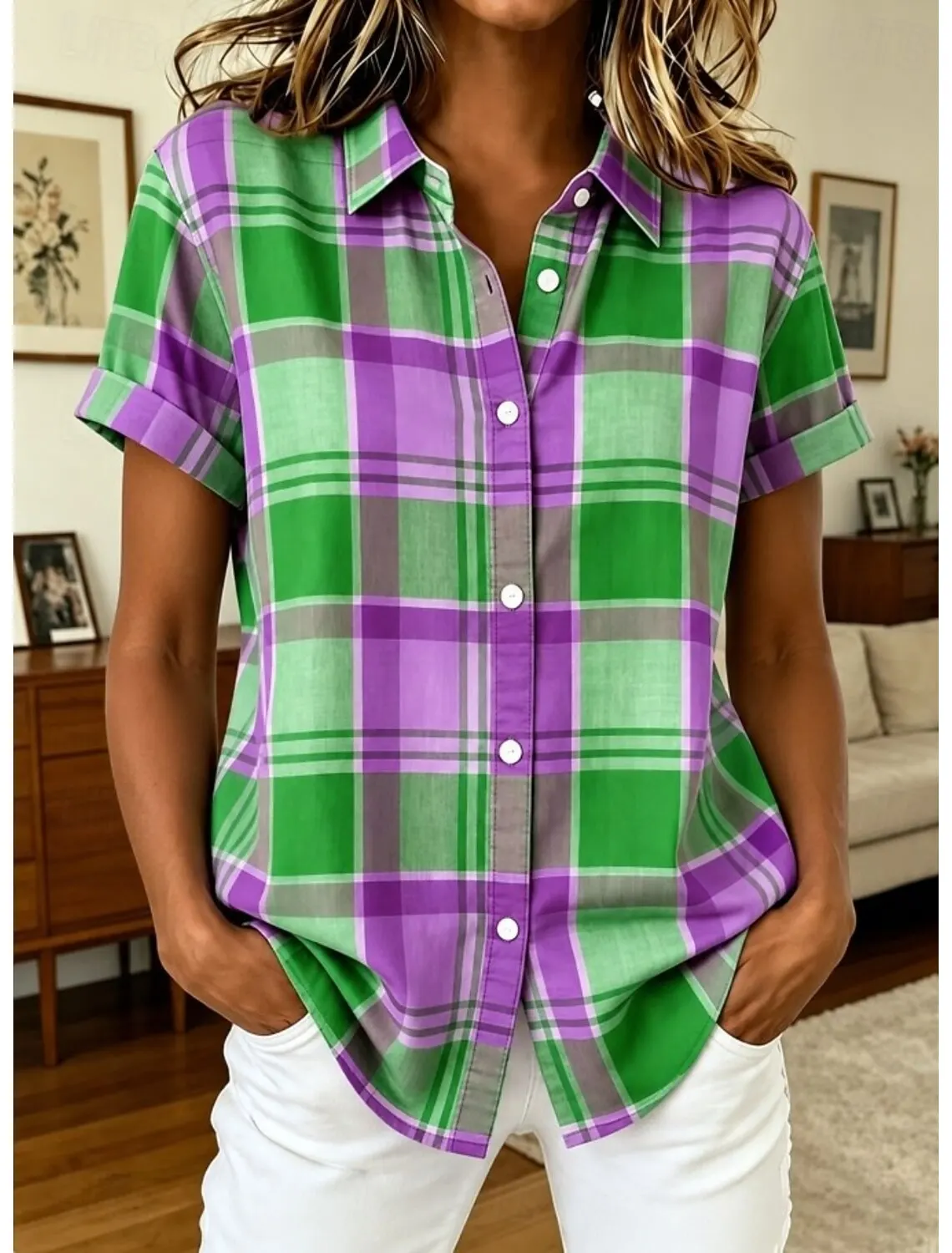 

Women's Spring Summer Green Purple Contrast Plaid Print Lapel Collar Shirt, Loose Button Front Fashion Street Casual Blouse