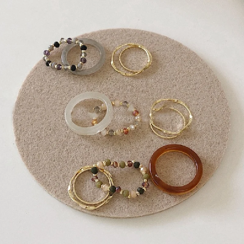 4Pcs Resin Metal Irregular Lines Rings Set For Women Trendy Geometric Bead Knuckle Joint Crystal Beaded Elastic Jewelry Gift